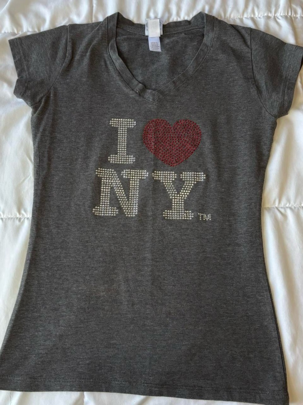 Women's Gray V-Neck Rhinestone I ♥ NY Tee